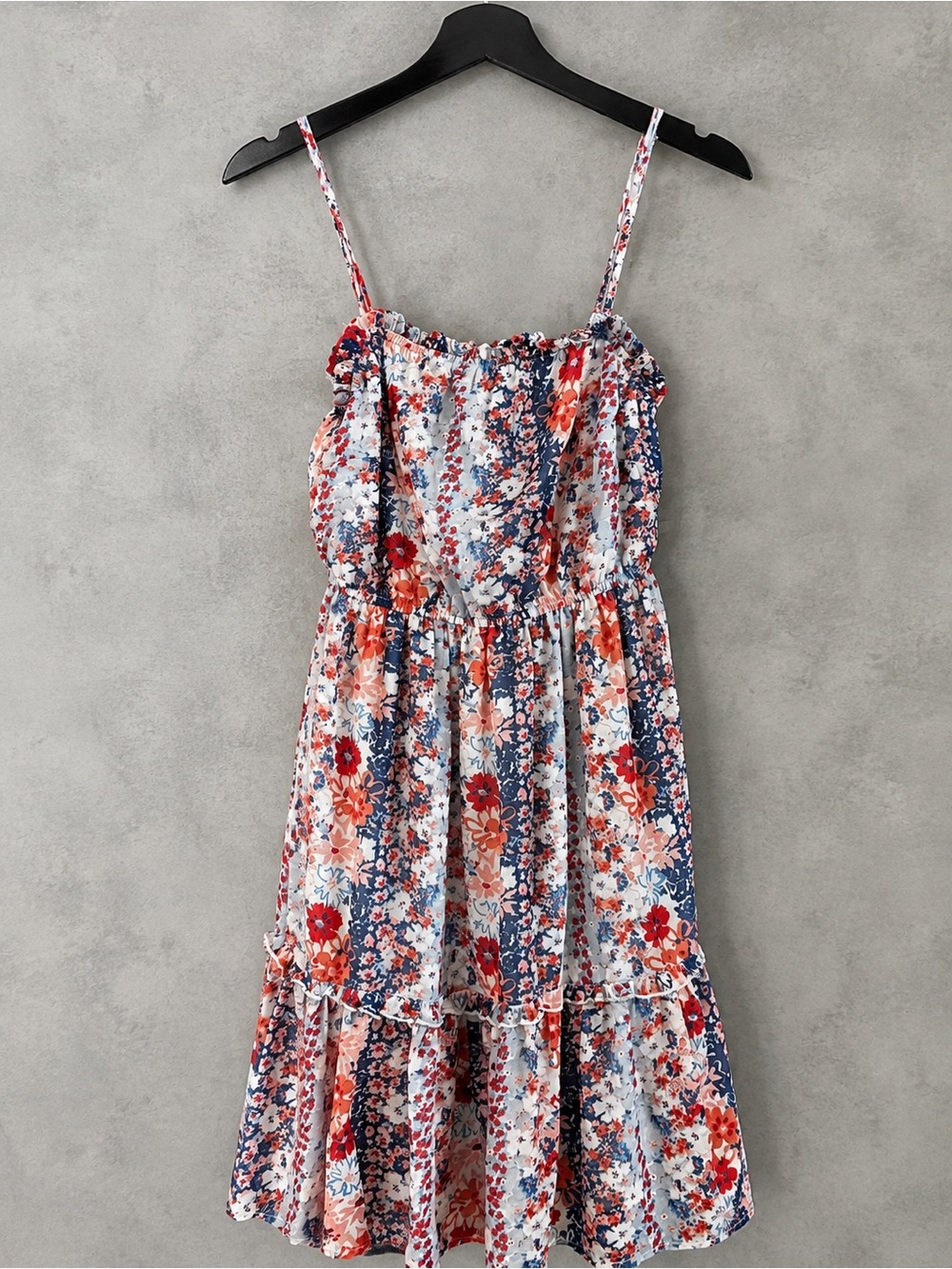 Sincerely Jules Floral Ruffle Tiered Mini Dress – Size Small – Blue Coral Red